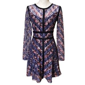 Floral Navy Sheer Long Sleeve Dress Knee Length Piping SZ Small Gothic Ruffle